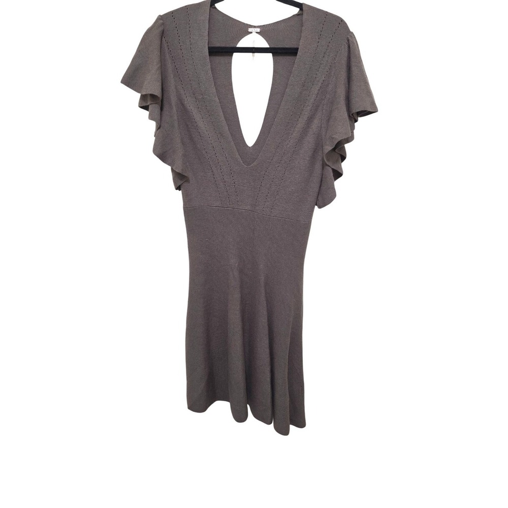 Free People Olive Green Women's Knit Flutter Sleeve Dress Deep V-Neckline & Open
